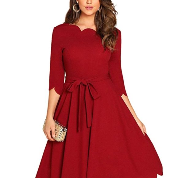 Rich Maroon Scalloped Tie Dress - Picture 1 of 5